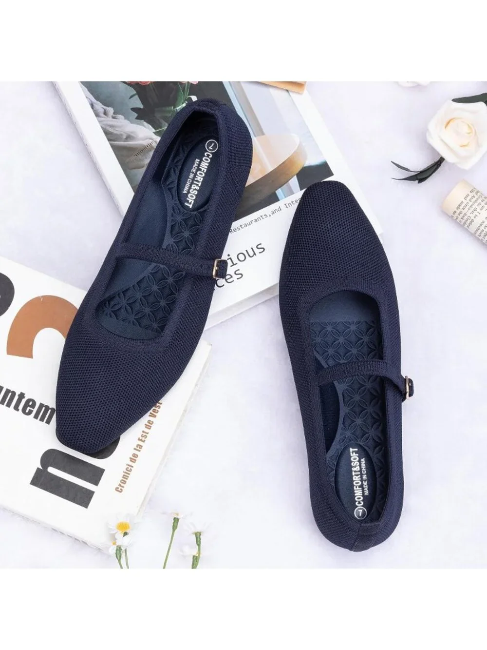 Women's Blue Rubber Knit Square Toe Ballet Flats With Strap Comfortable Shoes